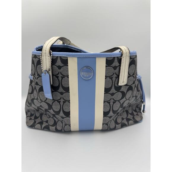 Coach Handbags - Coach Signature Tote Brown With Blue Trim - Wear On Handles